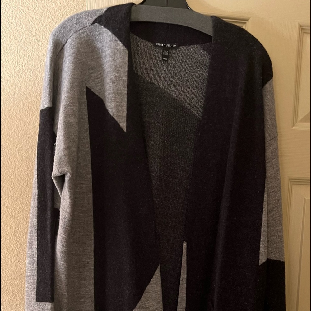 Eileen Fisher Gray & Black Pattern Cardigan-Sz.Medium